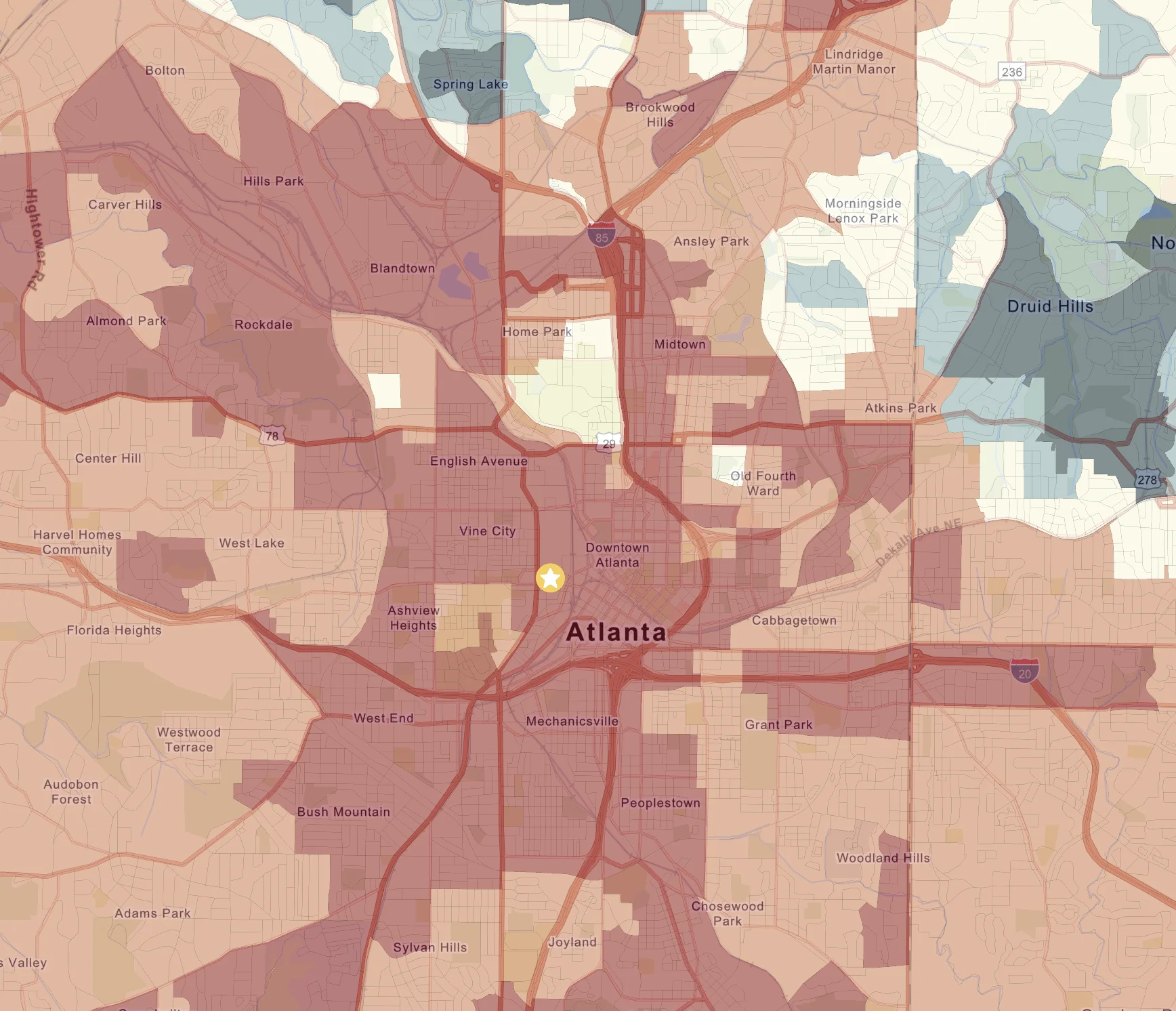 Atlanta crime risk choropleth · Mercedes-Benz Stadium and Centennial Olympic Park