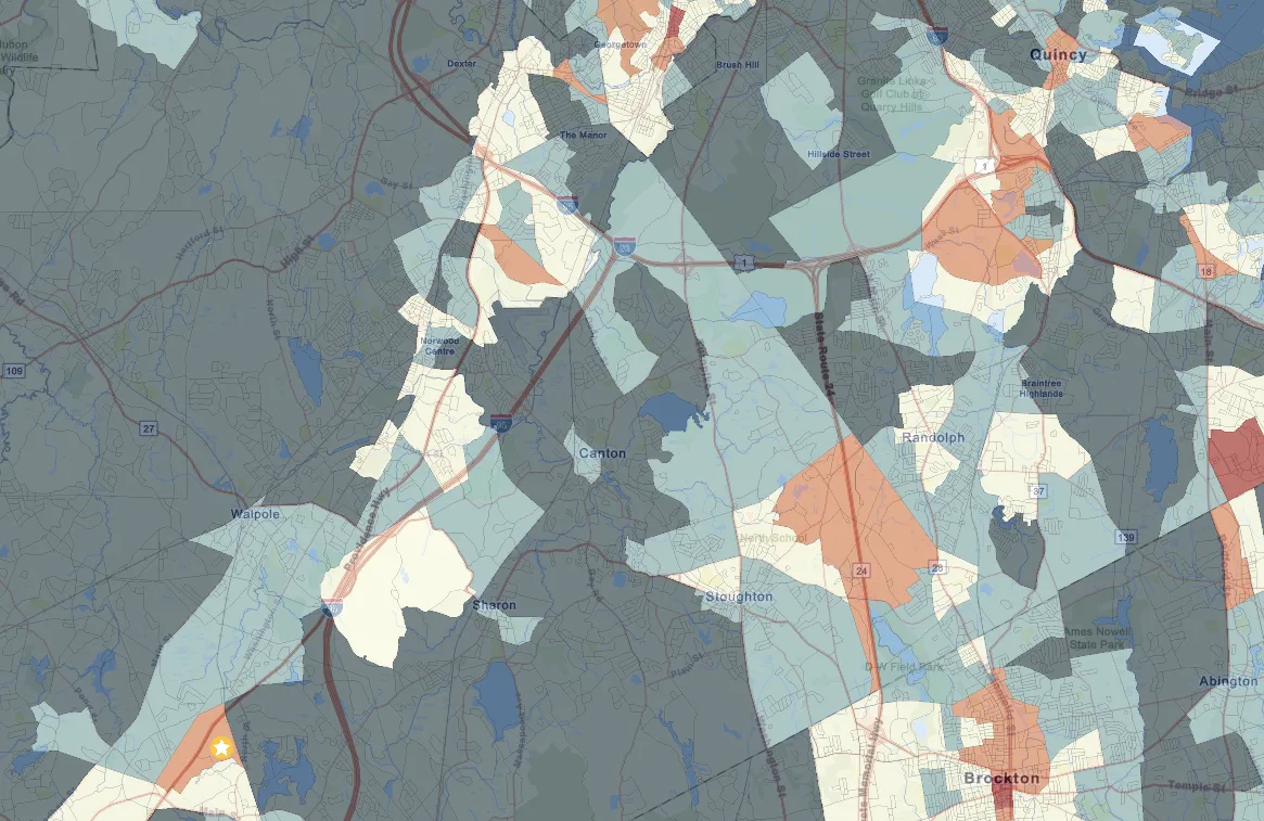 Norfolk County crime risk choropleth · Gillette Stadium area