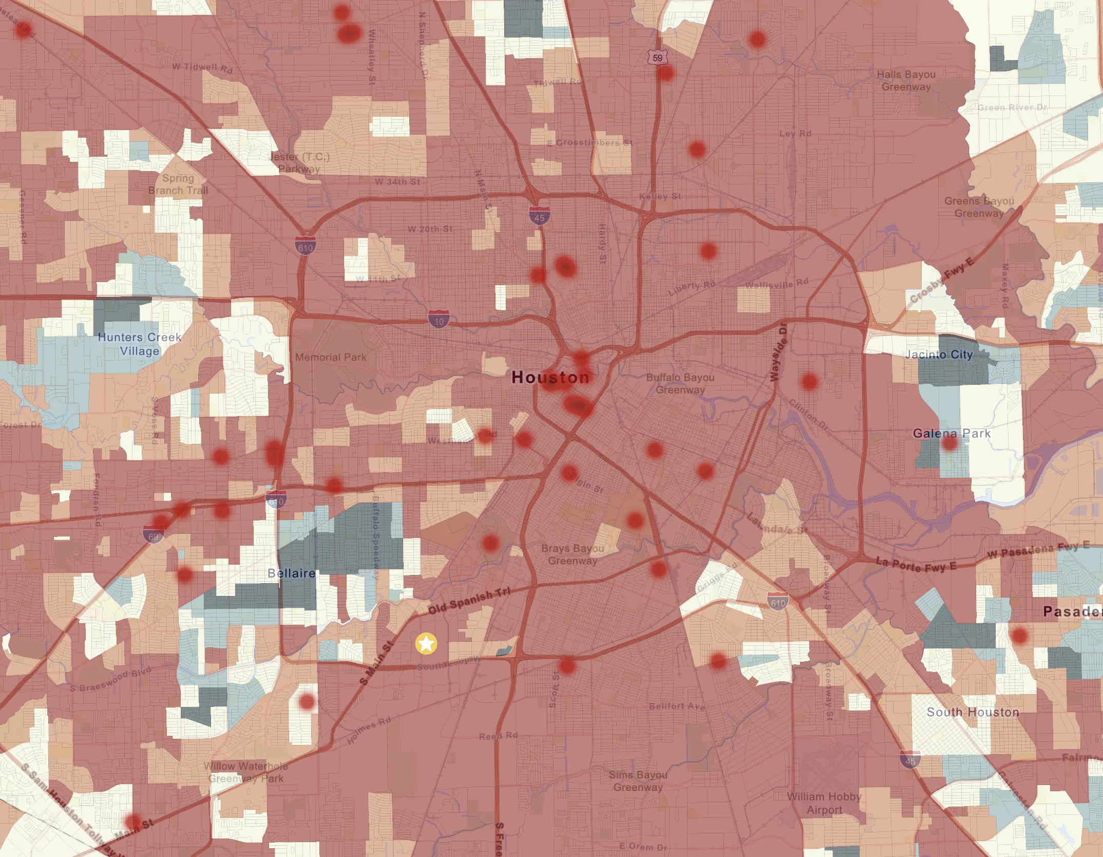 Houston crime risk choropleth · NRG Stadium area · verified events overlay
