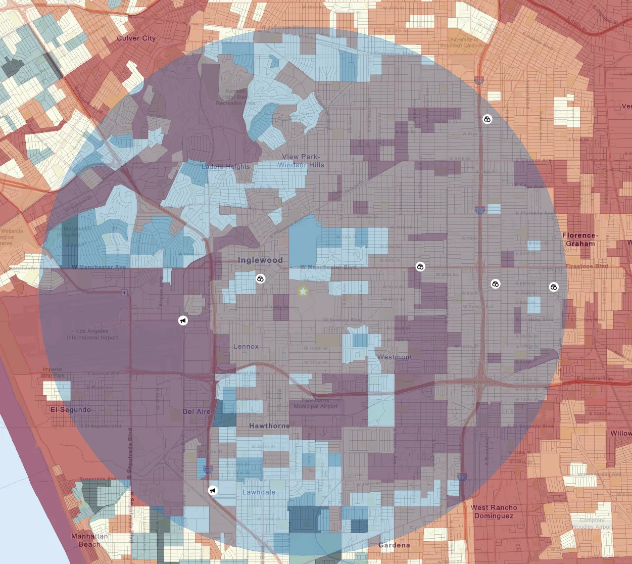 Los Angeles County crime risk choropleth · 5-mile asset radius around SoFi Stadium