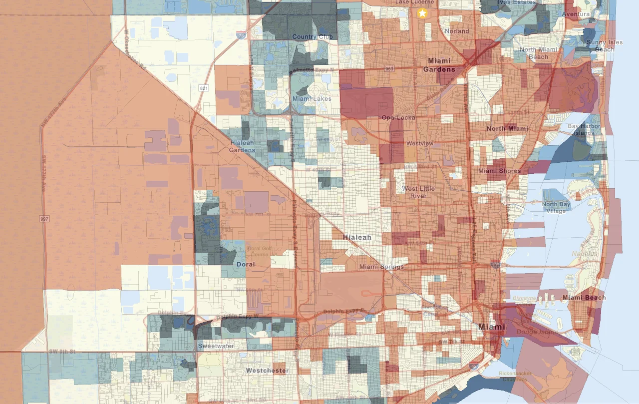 Miami-Dade County crime risk choropleth · Hard Rock Stadium area